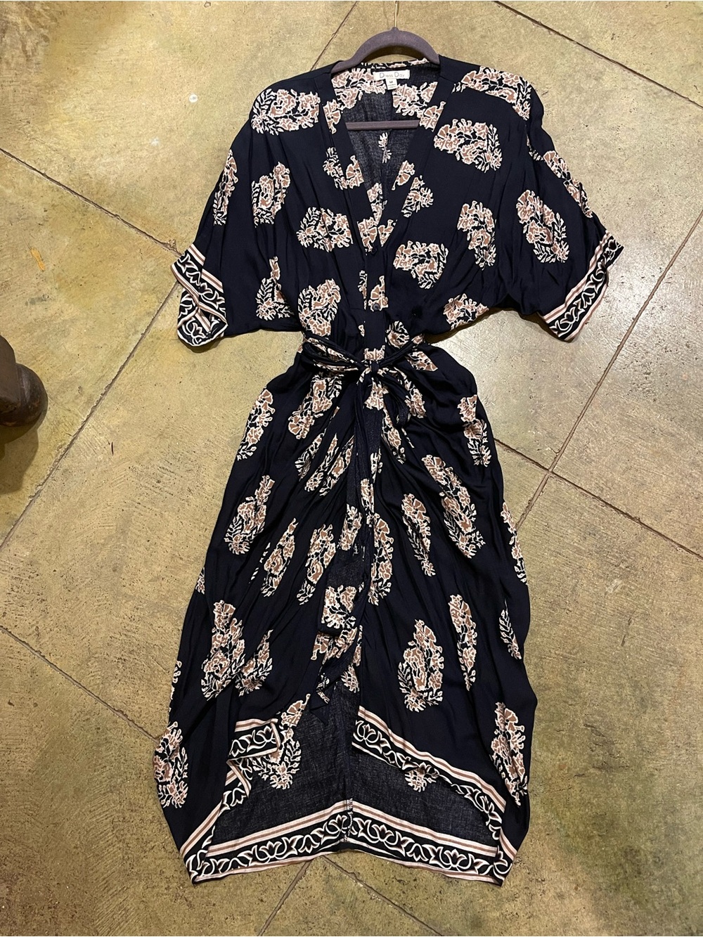 Black Floral Tie-Waist Maxi Dress with Beige Print